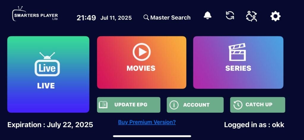 IPTV Smarters Pro interface met live tv en VOD-opties